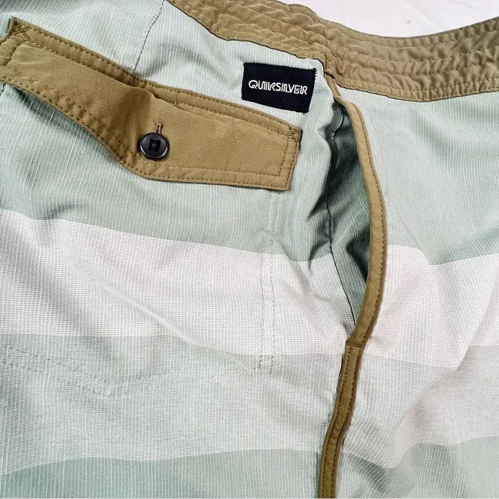 Quiksilver Mens Boardshorts 38 Sage Green Colorblock Stripe Swim Shorts Stretch